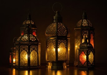 Fototapeta premium Ornate islamic lanterns glowing with warm light isolated on white background