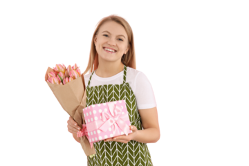 PNG, March 8. Girl in an apron with a gift and a bouquet of flowers, isolated on a white background.