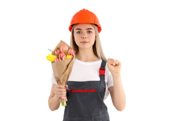 PNG, March 8. Girl builder, in a hard hat with flowers and a gift, isolated on a white background.