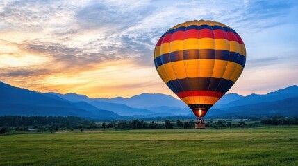 Obraz premium Colorful hot air balloon on beautiful sunrise over mountains and green fields landscape