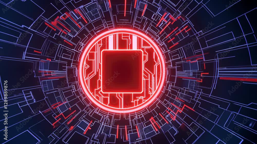 Poster futuristic technology glowing red microchip surrounded by intricate digital circuitry patterns, crea