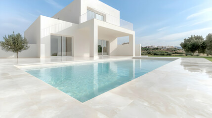 Fototapeta premium Modern white villa, poolside, sunny day, landscape background, real estate