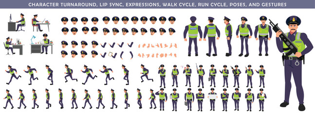 
Police Officer Character Design Model Sheet. Man, Character design. Front, side, back view and explainer animation poses. Character set with lip sync and Walk cycle animation sequences.
