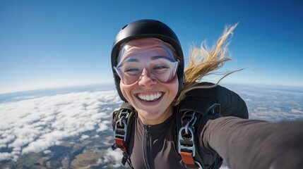 Fototapeta premium Skydiver soaring: capturing a figure flying through air, gliding above breathtaking scenery, showcasing the thrill of freefall, human courage, aerial adventure, and the beauty of the landscape below.