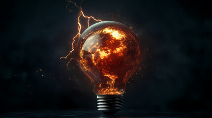 Creative illustration of a bulb burning fire with lightning effects