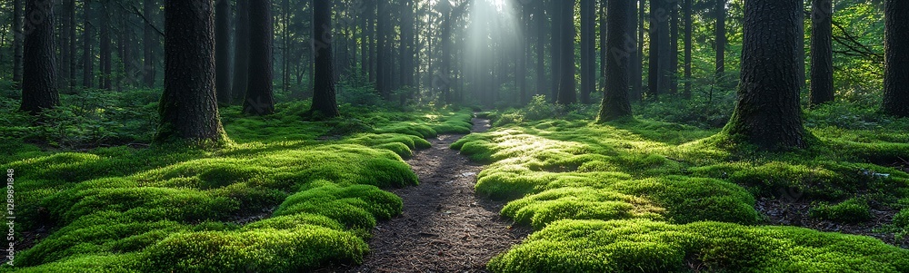 Poster Lush green forest with sunlight filtering through trees, creating a serene atmosphere.