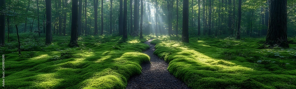 Poster Lush green forest with sunlight filtering through trees, creating a serene, tranquil atmosphere.