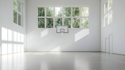 Fototapeta premium Bright Empty Basketball Court with Large Windows and Sunlight