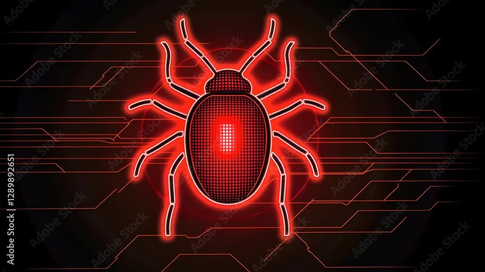 Poster glowing red digital bug symbolizing computer virus or malware threat against dark background with ci
