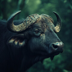 Naklejka premium A close-up of a buffalo in the zoo, showing its large horns and strong features, captured in a natural safari setting