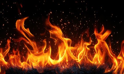 Obraz premium Fiery flames with sparks on dark background, ideal for dramatic visuals