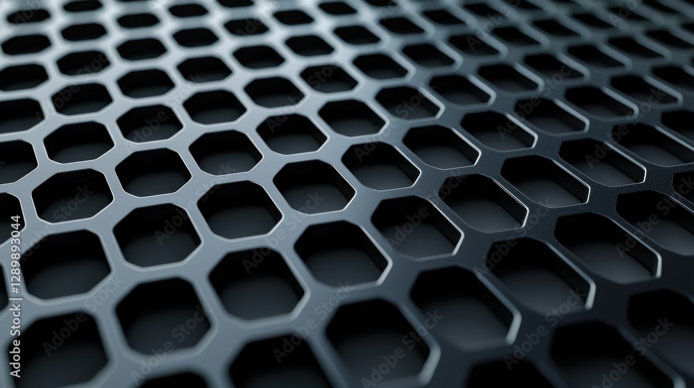 Poster a close-up view of a black, hexagonal mesh pattern, showcasing a modern and industrial design with a