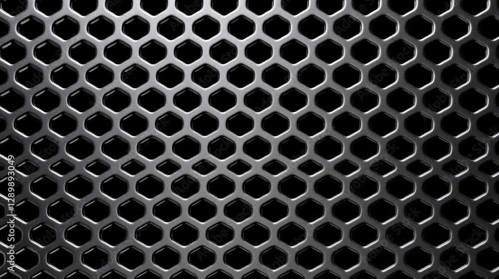 Poster a close-up view of a black hexagonal metal mesh, showcasing a textured, industrial design with a uni