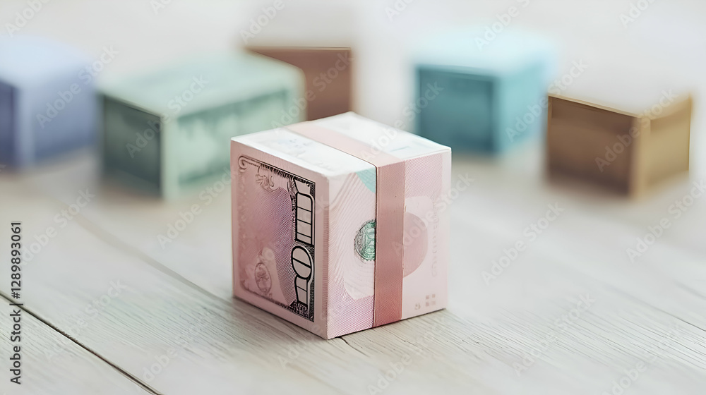Poster stack of currency bills in cube shape on wooden table
