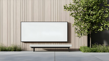 Fototapeta premium Blank White Sign Mockup on Wooden Wall with Bench and Greenery