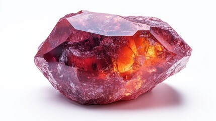 Close-up of Raw Red Gemstone Specimen Sparkling with Light on White Background