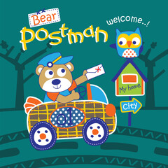 Bear postman delivering a letter with "Bear Postman" and "Welcome" text in a city setting. Postal service concept
