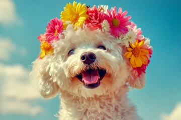 Cute adult dog bichon frise wearing fierce flower crown on its head. Sunny daylight. Vacation time...