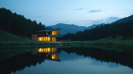 Fototapeta premium Serene Mountain Lake House at Dusk