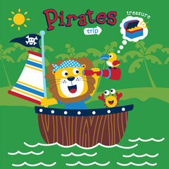 Cute lion pirate sailing a wooden boat with a parrot and crab searching for treasure on a tropical island. Fun adventure and nautical illustration concept
