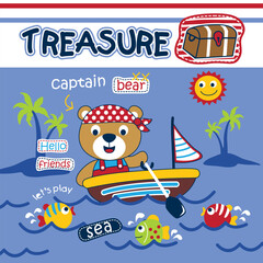 Cute pirate bear sailing a boat in the sea with colorful fish, palm trees, and a treasure chest. Fun nautical and adventure illustration concept
