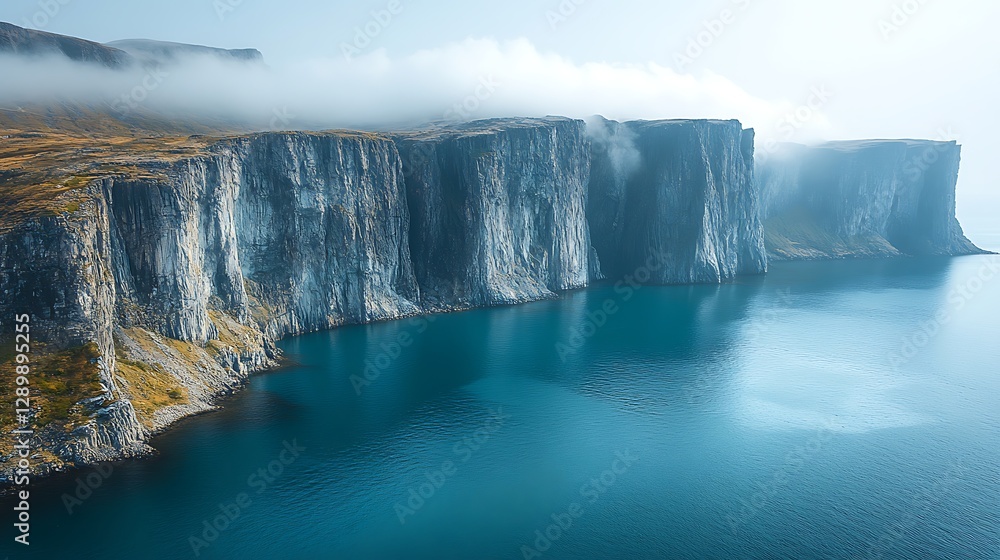 Poster serene coastal cliffs with calm waters and misty atmosphere create a tranquil landscape scene.