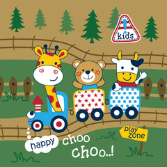 Cute giraffe, bear, and cow characters riding a playful toy train on a countryside railway track. Fun children’s transportation and adventure illustration concept
