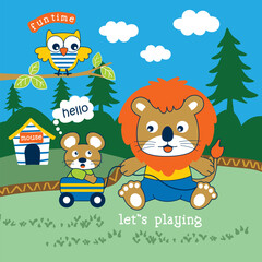 Cute lion and mouse characters playing together outdoors with an owl on a tree branch. Fun childhood and friendship illustration concept
