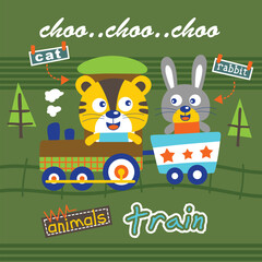 Cute cat and rabbit characters riding a toy train through a countryside landscape with trees. Fun transportation and adventure illustration concept
