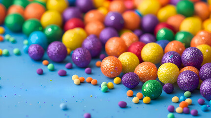 Fototapeta premium Colorful Glitter Balls and Sprinkles on Blue Background