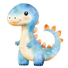 Watercolor illustration of a dinosaurus on a white bakground