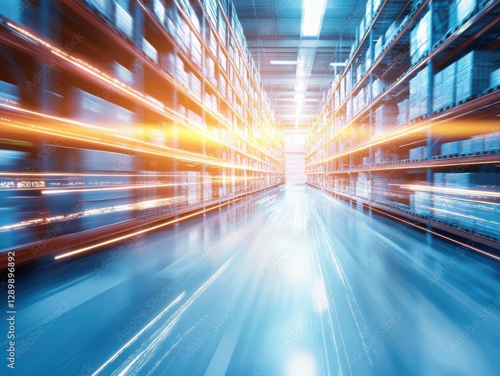 Poster a dynamic warehouse scene with illuminated shelves, conveying a sense of speed and efficiency in log
