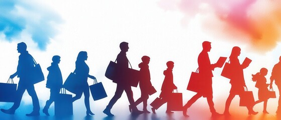 Obraz premium Silhouettes of diverse people walking with bags against a colorful background, symbolizing travel, movement, and community.