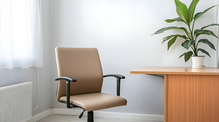 Fototapeta premium Beige Office Chair and Wooden Desk in a Minimalist Room