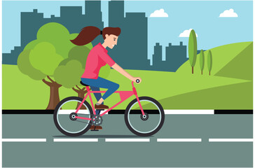 Fototapeta premium people rides a sports bike on a park road with friend, Vector Illustration 