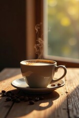 Fototapeta premium Aromatic Coffee Cup Basking in Warm Sunlight on Rustic Wooden Table