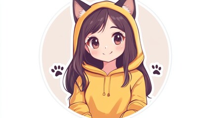 Anime Girl with Cat Ears and Paws in Yellow Hoodie – Round Sticker Design with Paw Prints

