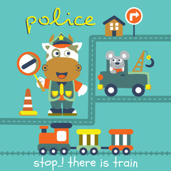 Cute police cow character directing traffic with a stop sign near a train crossing. Fun transportation and safety illustration concept
