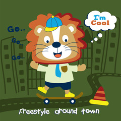Cool lion character wearing a cap and tie riding a skateboard through the city with freestyle typography. Fun urban sports and adventure illustration concept
