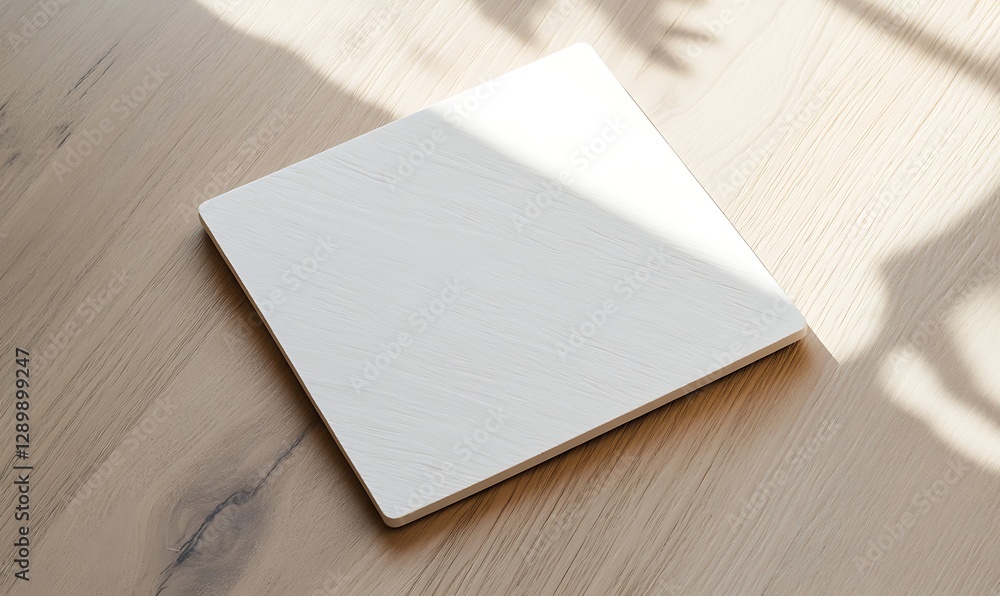 Poster blank notebook on a wooden surface with soft shadows and natural light.