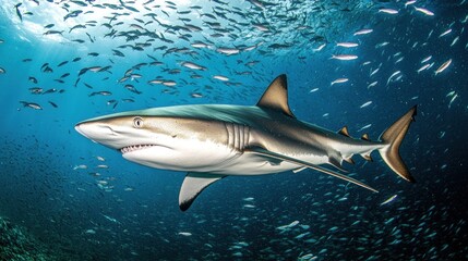 Naklejka premium Grey reef shark swimming amidst a school of fish.