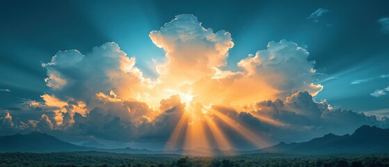 Captivating Sun Rays Streaming Through Clouds Above Mountain Landscape Scenery