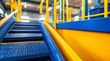 Bright Industrial Staircase with Yellow and Blue Safety Railings