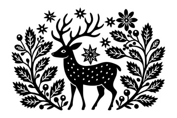 A stylized illustration of a spotted deer surrounded by decorative floral elements and snowflakes, depicted in black and white with a folk art or Scandinavian-inspired aesthetic.