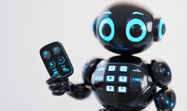 A friendly robot character holding a remote control against a minimalist background, showcasing technology