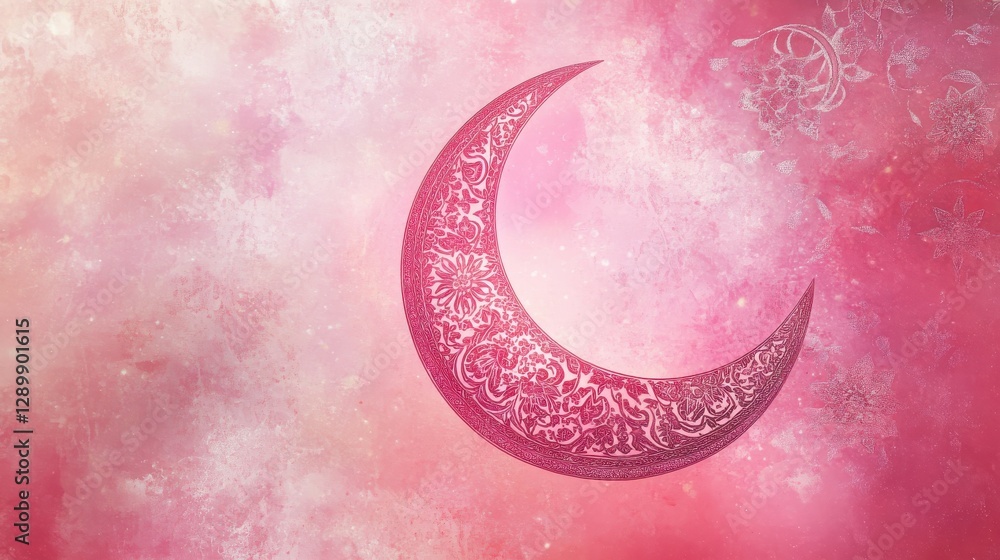Poster elegant crescent moon design with intricate patterns set against a dreamy pink background capturing 