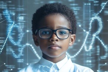 Conceptual Overlay of Glowing Data Charts with a Young Boy's Portrait, future technology intelligence and education