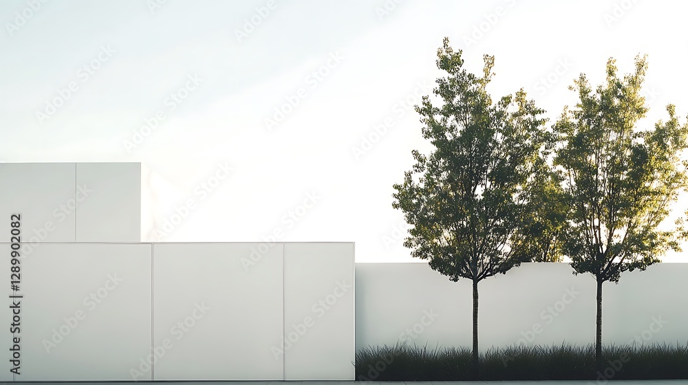 Poster minimalist architecture with geometric forms and trees under bright sky