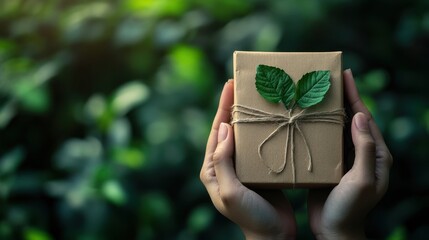 Person holding a brown box featuring a green leaf design in a natural outdoor setting