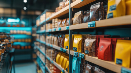 Fototapeta premium A busy warehouse and supermarket filled with shelves for storing boxes, books, and food items, showcasing organized storage spaces for retail and business activities